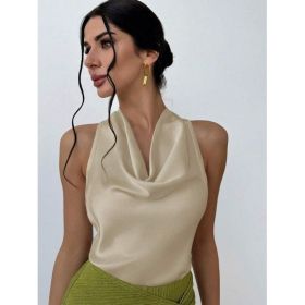 Women Solid Color Swing Collar Sleeveless Vest Trendy Elegant Shirt With Halter Neckline Backless Short Sleeve Tops Tshirts (Option: Apricot-M)