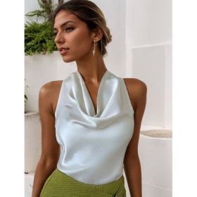 Women Solid Color Swing Collar Sleeveless Vest Trendy Elegant Shirt With Halter Neckline Backless Short Sleeve Tops Tshirts (Option: White-S)