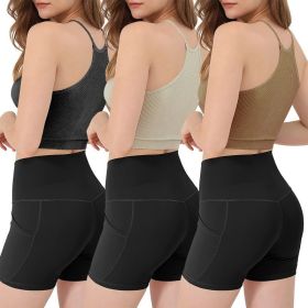 3 Pack Women Crop Basic Tank Top Ribbed Knit Sleeveless Round Neck 9 Color Machine Wash Summer Crop S To XL (Option: DGreyKhakiBeige-S)