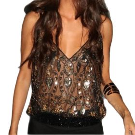 Sequin Bead Sling Basic Vest Women's Western Style Elegant (Option: Black Gold-XS)