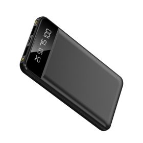 1Pc 10000mAh Power Bank Portable Ultra Slim Charger External Battery Pack With 2 USB Output Ports Charging Cable LED Flashlight Compatible With I (Option: Black)