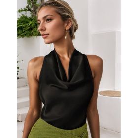 Women Solid Color Swing Collar Sleeveless Vest Trendy Elegant Shirt With Halter Neckline Backless Short Sleeve Tops Tshirts (Option: Black-M)