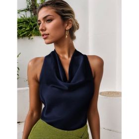 Women Solid Color Swing Collar Sleeveless Vest Trendy Elegant Shirt With Halter Neckline Backless Short Sleeve Tops Tshirts (Option: Blue-M)
