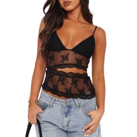 Lace Stitched Backless Small Sling Women V Neck Tank Top Underwear Vest Candy Color Bralette Clothes (Option: Black-L)