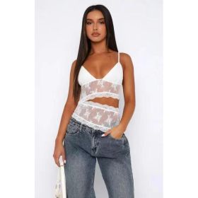 Lace Stitched Backless Small Sling Women V Neck Tank Top Underwear Vest Candy Color Bralette Clothes (Option: White-L)