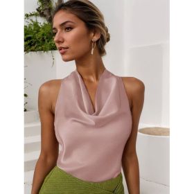 Women Solid Color Swing Collar Sleeveless Vest Trendy Elegant Shirt With Halter Neckline Backless Short Sleeve Tops Tshirts (Option: Pink-L)
