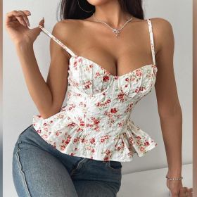 Women's Floral-print Asymmetrical Ruffled Top (Option: Color-L)