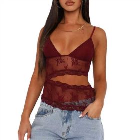 Lace Stitched Backless Small Sling Women V Neck Tank Top Underwear Vest Candy Color Bralette Clothes (Option: Wine Red-L)